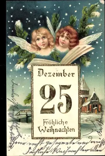 Präge Litho Glückwunsch Weihnachten, Engel, Kalender