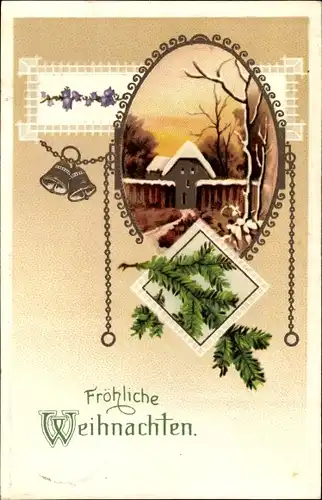 Ak Glückwunsch Weihnachten, Tannenzweige, Glocken, Dorf