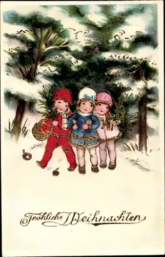 Glitzer Ak Glückwunsch Weihnachten, Kinder im Wald, Tannenzweige