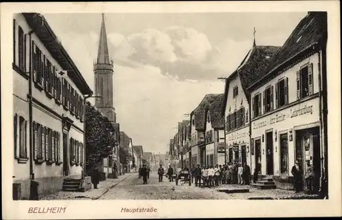 Ak Bellheim in der Südpfalz, Hauptstraße, Lederhandlung Anton Bumiller, Kirchturm