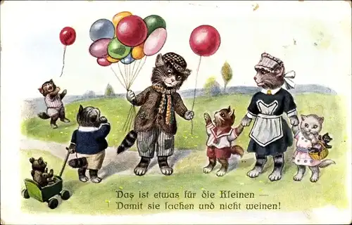 Ak Das ist etwas für die Kleinen, Vermenschlichte Katzen, Luftballonverkäufer, Kindermädchen