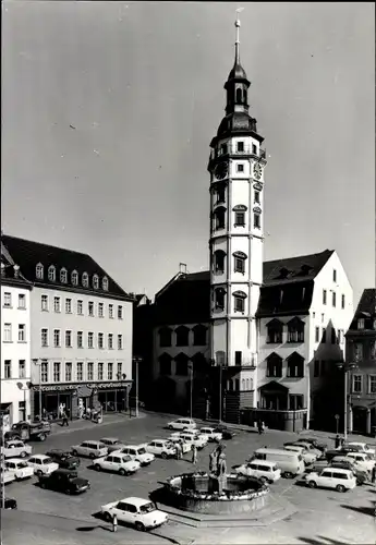 Foto Ak Gera in Thüringen, Rathaus, Turm, Parkplatz, Brunnen