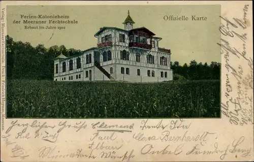 Ak Meerane in Sachsen, Ferien-Kolonieheim der Meeraner Fechtschule, erbaut im Jahre 1902