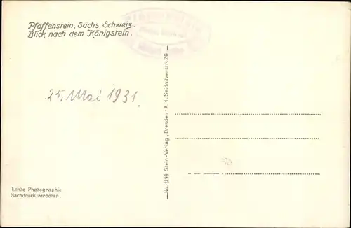 Ak Königstein an der Elbe Sächsische Schweiz, Pfaffenstein