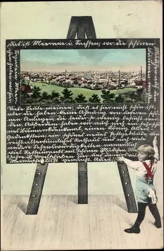 Ak Meerane in Sachsen, Gesamtansicht, Kind an Tafel stehend