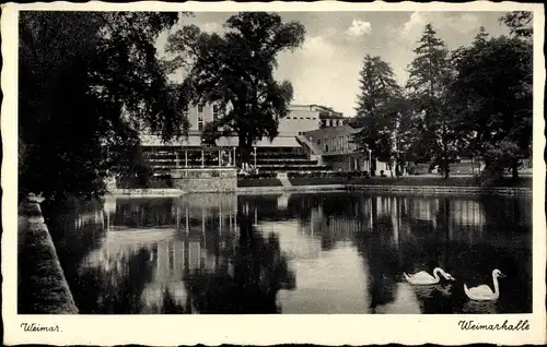 Ak Weimar in Thüringen, Weimarhalle, Teich, Schwäne