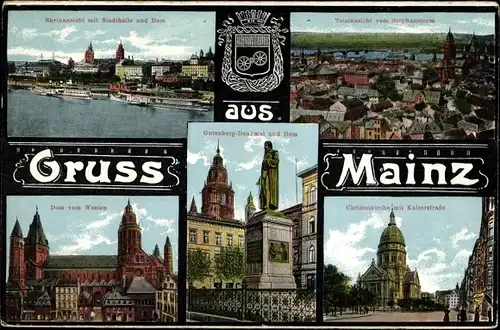 Ak Mainz am Rhein, Gutenberg-Denkmal, Dom, Christuskirche, Kaiserstraße, Rheinansicht