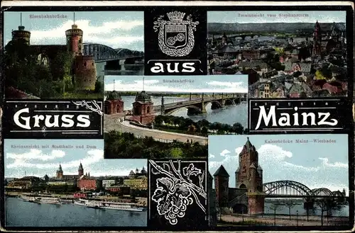 Ak Mainz am Rhein, Eisenbahnbrücke, Totalansicht vom Stephansturm, Kaiserbrücke, Rheinansicht, Dom