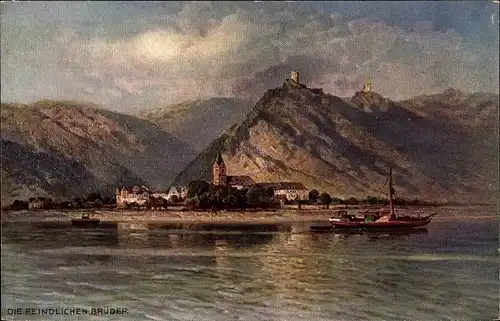 Künstler Ak Astudin, Bornhofen am Rhein, feindliche Brüder, Burg Sternberg, Sterrenberg, Liebenstein