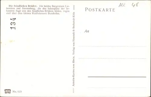 Künstler Ak Astudin, Bornhofen am Rhein, feindliche Brüder, Burg Sternberg, Sterrenberg, Liebenstein