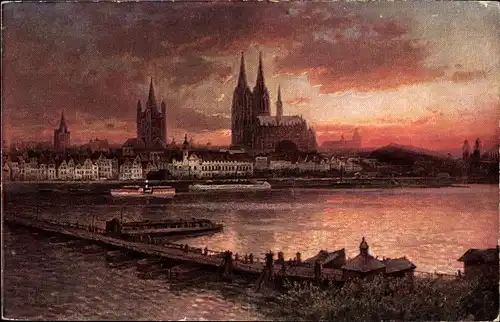 Künstler Ak Astudin, Köln am Rhein, Abendrot, Brücke, Dom, Dampfer