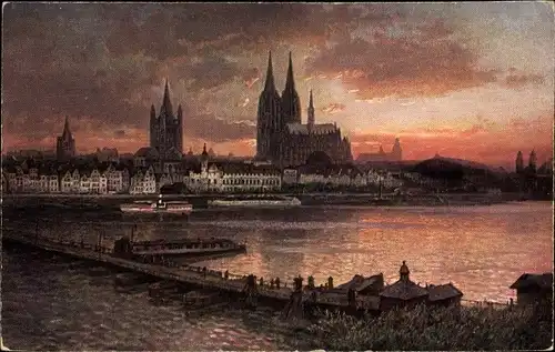 Künstler Ak Astudin, Köln am Rhein, Abendrot, Brücke, Dom, Dampfer