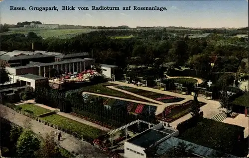 Ak Essen im Ruhrgebiet, Grugapark, Blick vom Radioturm auf Rosenanlage