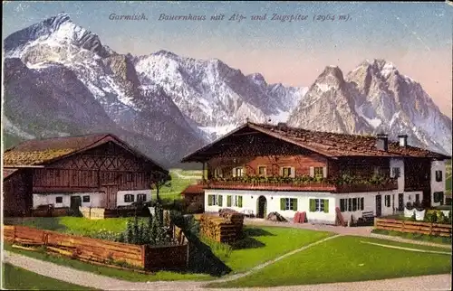 Ak Garmisch Partenkirchen in Oberbayern, Alpspitze, Zugspitze, Bauernhaus