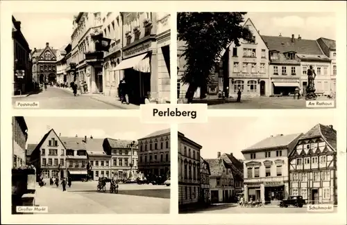 Ak Perleberg in der Prignitz, Poststraße, Rathaus, Großer Markt, Schuhmarkt