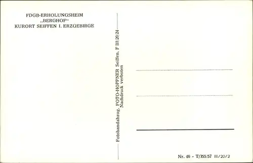 Ak Seiffen im Erzgebirge, FDGB Erholungsheim Berghof