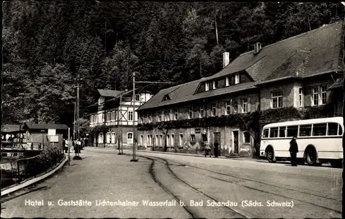 Ak Lichtenhain Sebnitz Sächsische Schweiz, Hotel und Gaststätte Lichtenhainer Wasserfall, Bus