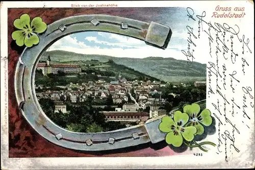 Hufeisen Ak Rudolstadt in Thüringen, Blick von der Justinshöhe auf die Stadt, Kleeblätter