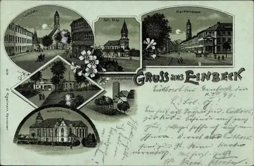 Mondschein Litho Einbeck in Niedersachsen, Marktstraße, Münsterkirche, Storchenturm