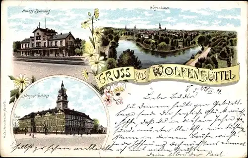 Litho Wolfenbüttel in Niedersachsen, Staatsbahnhof, Gleisseite, Schloss, Blick auf den Ort