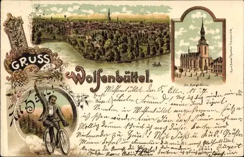 Litho Wolfenbüttel in Niedersachsen, Radfahrer, Marienkirche, Totalansicht