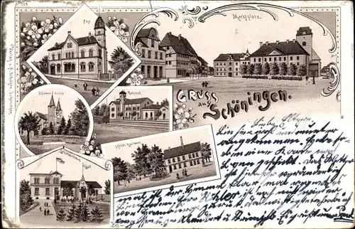 Litho Schöningen am Elm, Marktplatz, Bahnhof, Hotel Kurhaus, Post