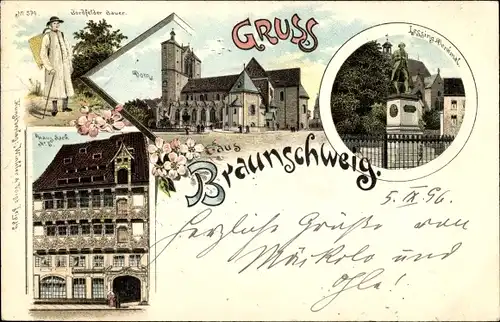 Litho Braunschweig in Niedersachsen, Bordfelder Bauer, Lessingdenkmal, Haus Sack, Dom