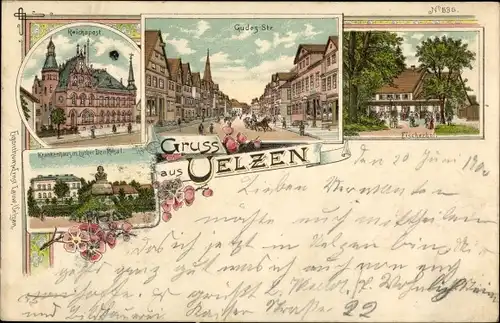 Litho Uelzen in Niedersachsen, Fischerhof, Gudes Straße, Krankenhaus, Luther Denkmal, Reichspost
