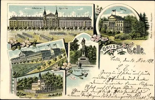 Litho Celle in Niedersachsen, Infanterie Kaserne, Casino, Kriegerdenkmal, Vater Philipp