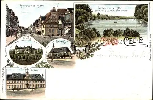Litho Celle in Niedersachsen, Rathaus, Markt, Schloss, Stadtkirche, Postamt