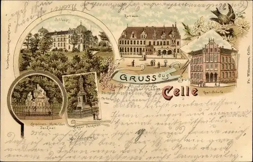 Litho Celle in Niedersachsen, Rathaus, Realschule, Schloss, Kriegerdenkmal