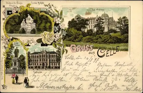 Litho Celle in Niedersachsen, Schloss, Töchterschule, Kriegerdenkmal