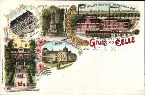 Litho Celle in Niedersachsen, Rathaus, Schloss, Denkmal, Berggarten, Nahrungsmittel Fabrik