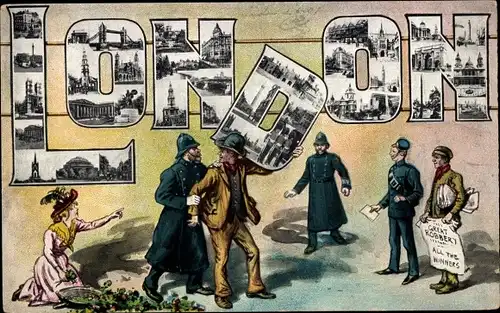 Buchstaben Ak London City England, Polizist, Mann in Haft genommen, Zeitungsverkäufer