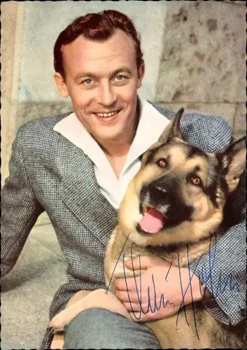 Ak Schauspieler Claus Holm, Portrait, Autogramm, Schäferhund