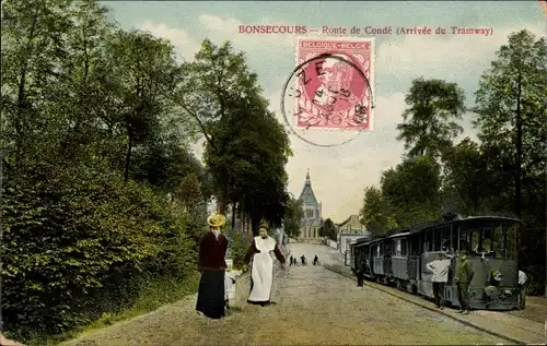 Ak Bon Secours Bonsecours Péruwelz Hennegau, Route de Condé, Straßenbahn