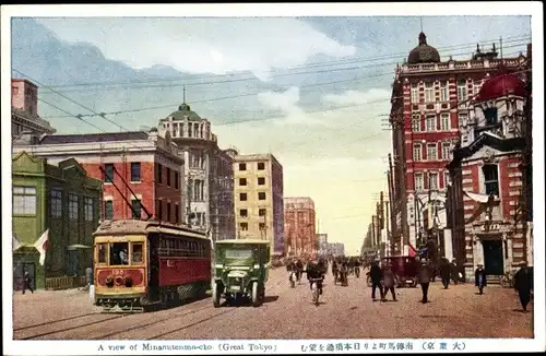 Ak Tokio Tokio Japan, Straßenpartie, Verkehr, Straßenbahn