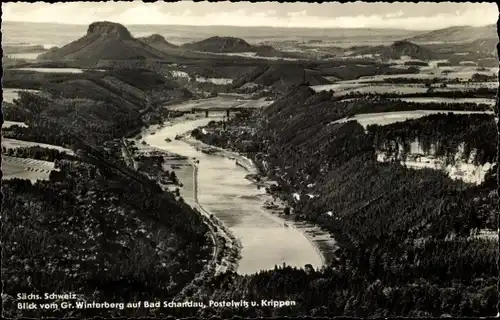 Ak Bad Schandau Sächsische Schweiz, Blick v. Gr. Winterberg, Ort, Postelwitz u. Krippen