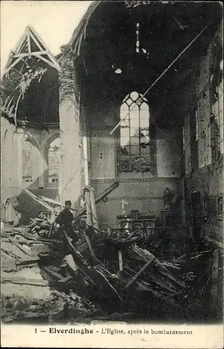 Ak Elverdinghe Westflandern, L'Eglise apres le bombardement