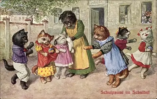 Künstler Ak Thiele, Arthur, Vermenschlichte Katzen, Schulpause im Schulhof