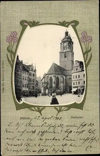 Jugendstil Passepartout Ak Meißen an der Elbe, Marktplatz, Kirche