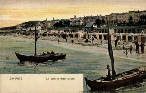 Ak Ostseebad Zinnowitz auf Usedom, Am schönen Ostseestrande, Boote, Strandkörbe