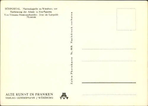 Ak Würzburg am Main Unterfranken, Südportal, Marienkapelle, vor Entfernung der Adam- und Eva-Figuren