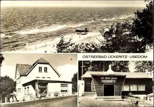 Ak Ückeritz auf Usedom, Strand, Ratscafé, Fischerhütte