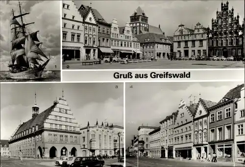 Ak Hansestadt Greifswald, Segelschulschiff Wilhelm Pieck, Platz der Freundschaft, Rathaus