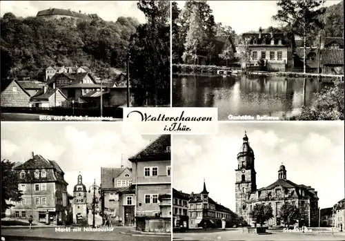 Ak Waltershausen in Thüringen, Gaststätte, Stadtkirche, Markt, Nikolaustor, Schloss Tenneberg