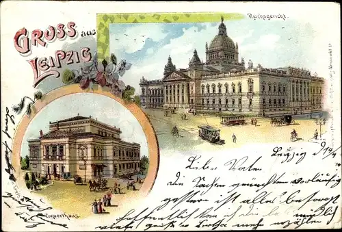 Litho Leipzig in Sachsen, Conzerthaus, Reichsgericht, Straßenbahn, Kutsche