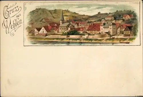 Litho Wehlen an der Elbe Sachsen, Stadt und Kirche