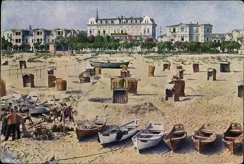 Ak Ostseebad Ahlbeck Heringsdorf auf Usedom, Strand, Boote, Strandkörbe