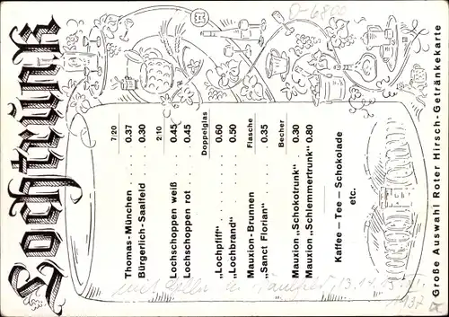 Ak Saalfeld an der Saale Thüringen, Gewölbekeller der Gaststätte Das Loch, Getränkekarte